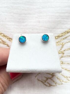 Blue Opal Round Stud Earrings - Sterling Silver